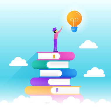 Eğitim hedefine ulaşmak için bilgi kitabı dağını yükselterek poster tasarımı kavramının üzerine. Mezuniyet, birçok çalışma kitabı vektör illüstrasyonunda ampul sembolü toplamak.