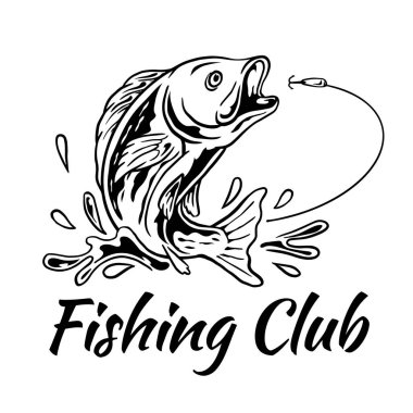 Balıkçılık kulübü balıkçılık turnuvası logo tasarımı için su vektör illüstrasyonuyla oltaya takılan balık yemi için atlama