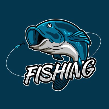 Balıkçılık esport tarzı rozet logosu tasarımı. Balıkçılık turnuvası ve balıkçılık kulübü için tipografi metniyle oltaya takılan balıklar..