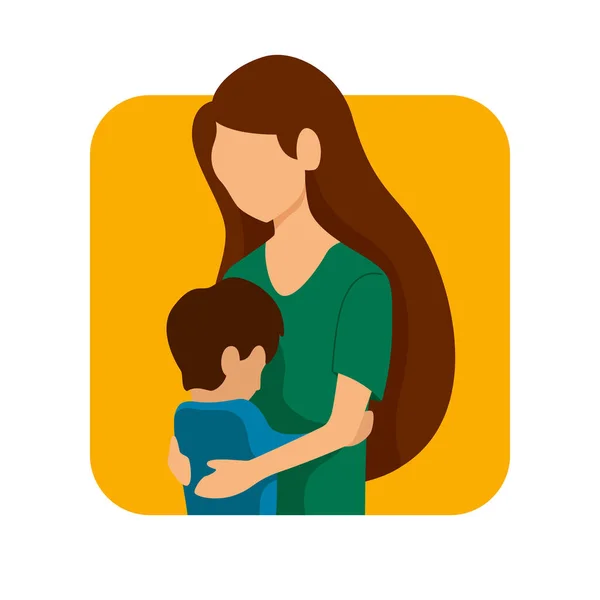妈妈拥抱她的男婴矢量平面插图快乐母亲节海报的概念设计与圆形的正方形背景 — 图库矢量图片