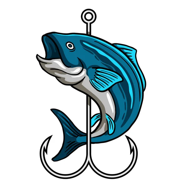 青い魚フライフィッシングショップや漁師活動クラブバッジのためのフックロゴを包んだベクトルイラストデザイン — ストックベクタ