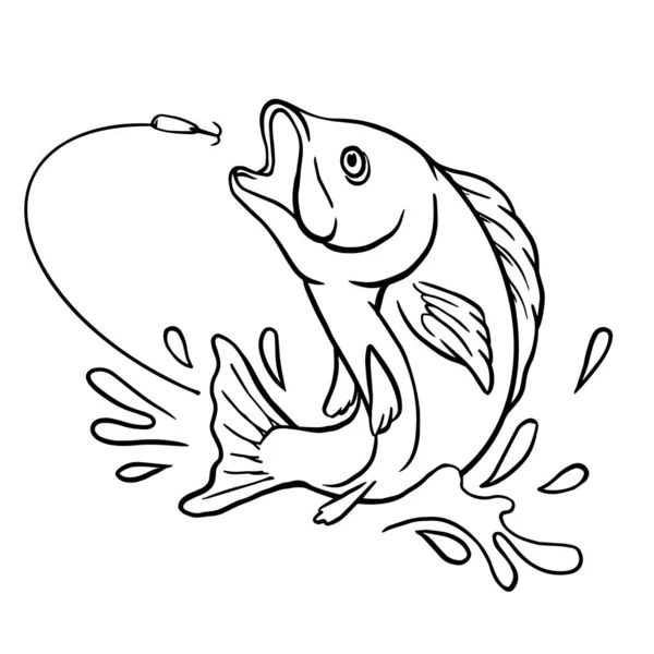 Fishing outline drawing. fish jump to eat bait hook with splash water  vector illustration - Stock Image - Everypixel