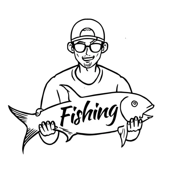 漁業活動のコンセプトラインアートデザインのための大きなマグロ魚ベクトルイラストを保持漁師 — ストックベクタ