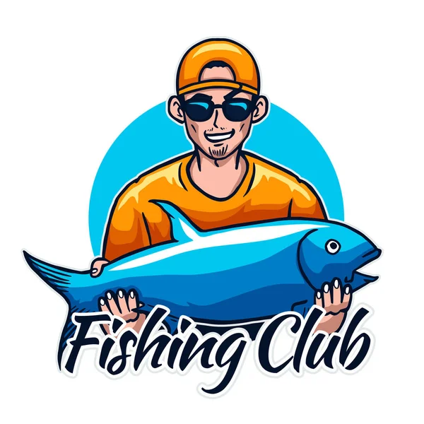 釣りクラブ活動のコンセプトのための大きなマグロ魚ベクトルイラストを保持漁師 Esport Style Logo Design — ストックベクタ