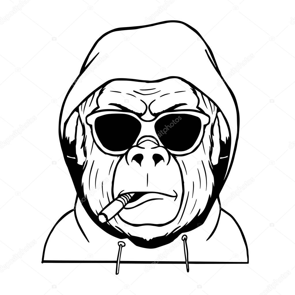 Cool face monkey smoke cigarette wear a glasses and hoodie jacket vector illustration. smile monkey wear glasses and cap hat listening music on headphone vector illustration.