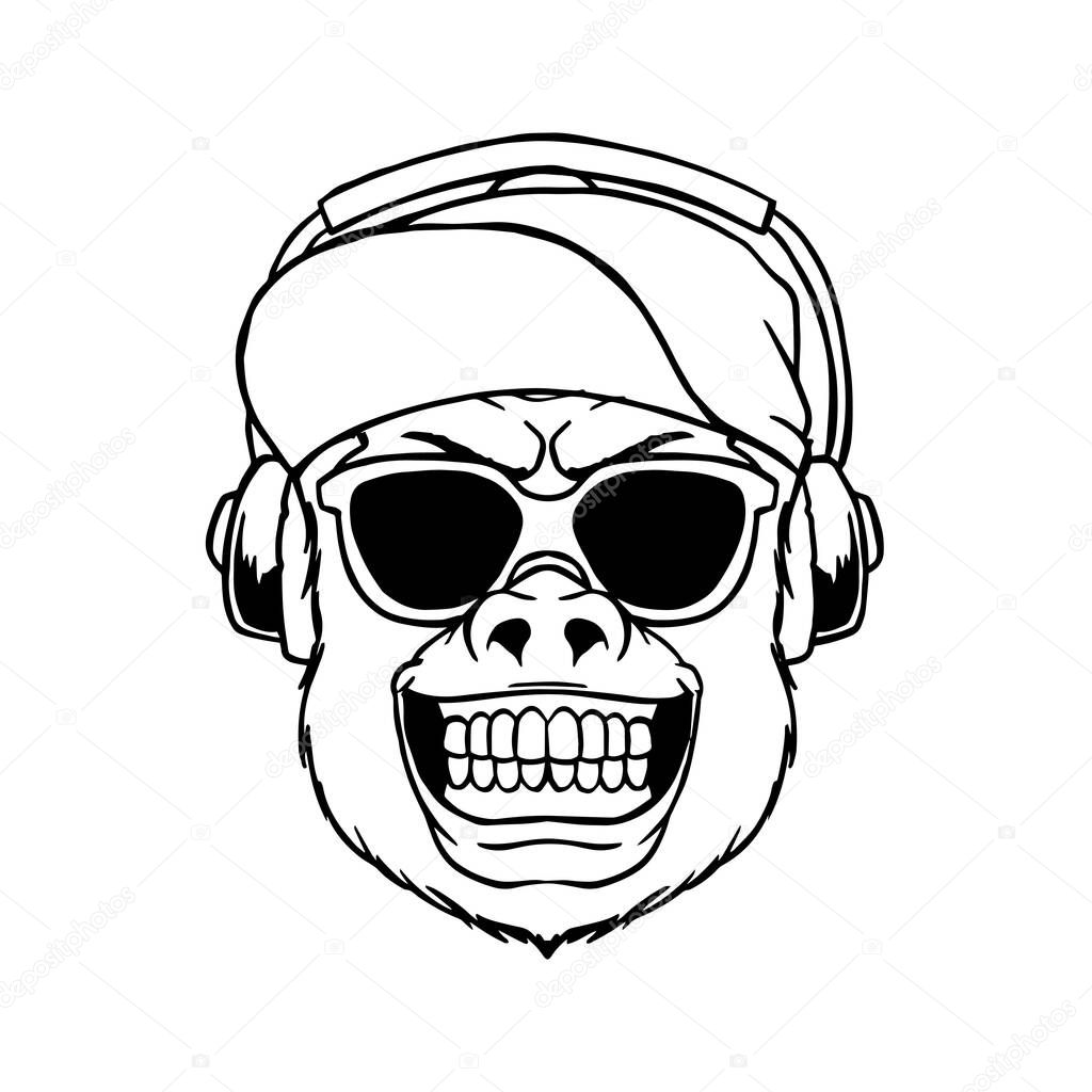 Smile monkey wear glasses and cap hat listening music on headphone vector illustration. animal gorilla head line art tattoo graphic