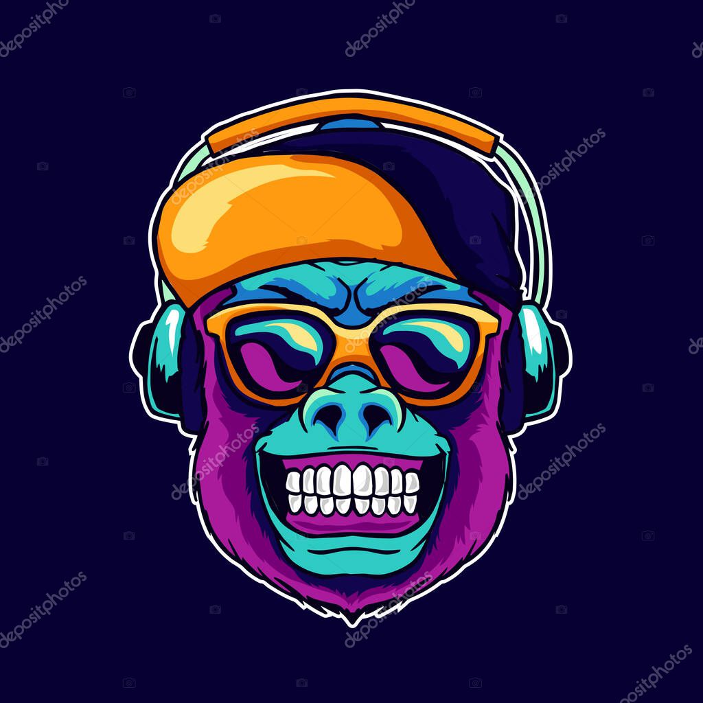 Monkey smile wear cool glasses and cap hat listening dope music on the headphone speaker vector illustration. Pop art color style animal gorilla head logo design for creative DJ sound producer studio.