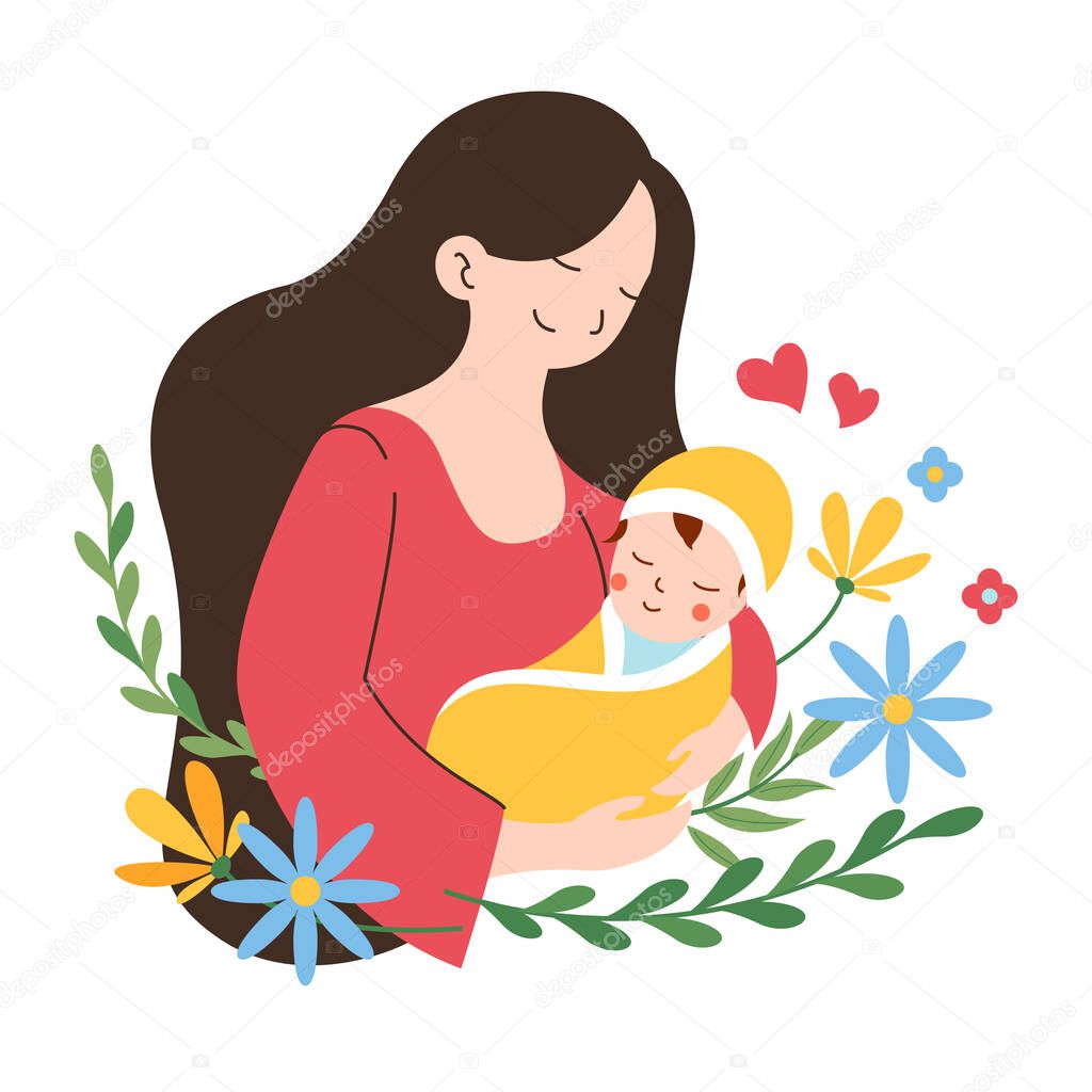 Mother holding her cute baby child vector flat illustration with flower botanical leaf ornament background for happy mother's day poster concept design