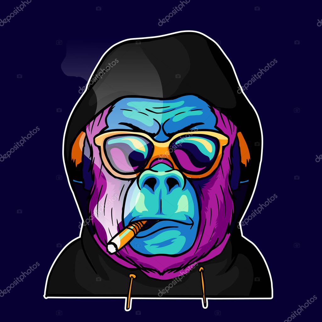 Cool face monkey smoke cigarette wear a glasses and hoodie jacket vector illustration. Pop art color animal gorilla head creative character mascot logo design