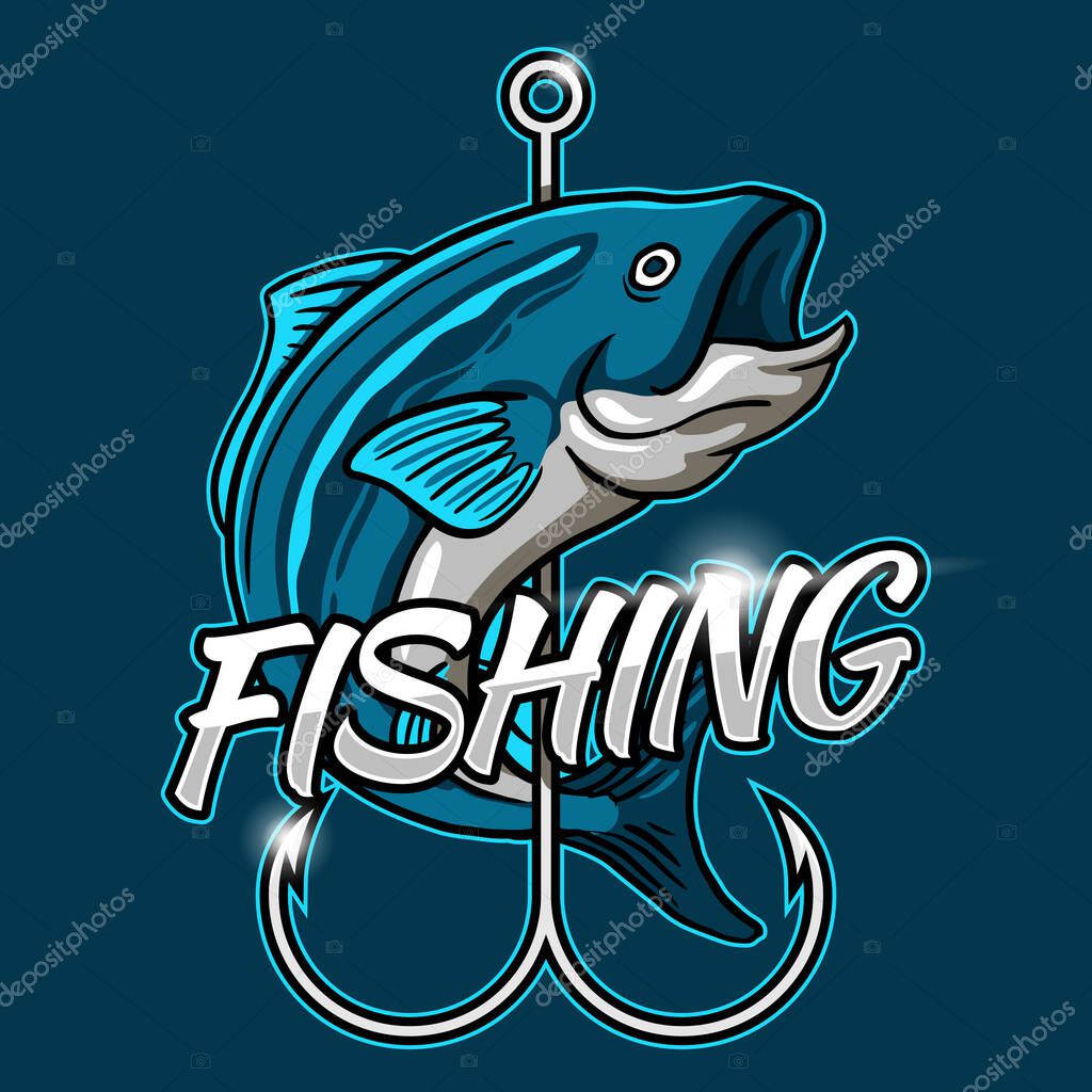 Cool blue Fish wrapped around hook with typography text esport logo style vector illustration for fly fishing shop and fisherman activity club badge design