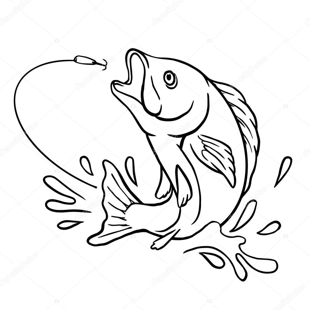 Fishing outline drawing. fish jump to eat bait hook with splash water vector illustration