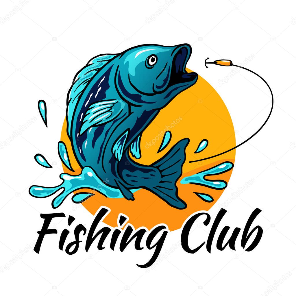 Fish jumping for bait hook with sun background and splash water vector illustration for fisherman club fishing tournament logo badge template design