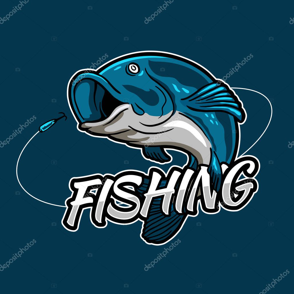 Fishing esport style badge logo design. Fish jumping for bait hook with typography text for fishing tournament event and fisherman club.