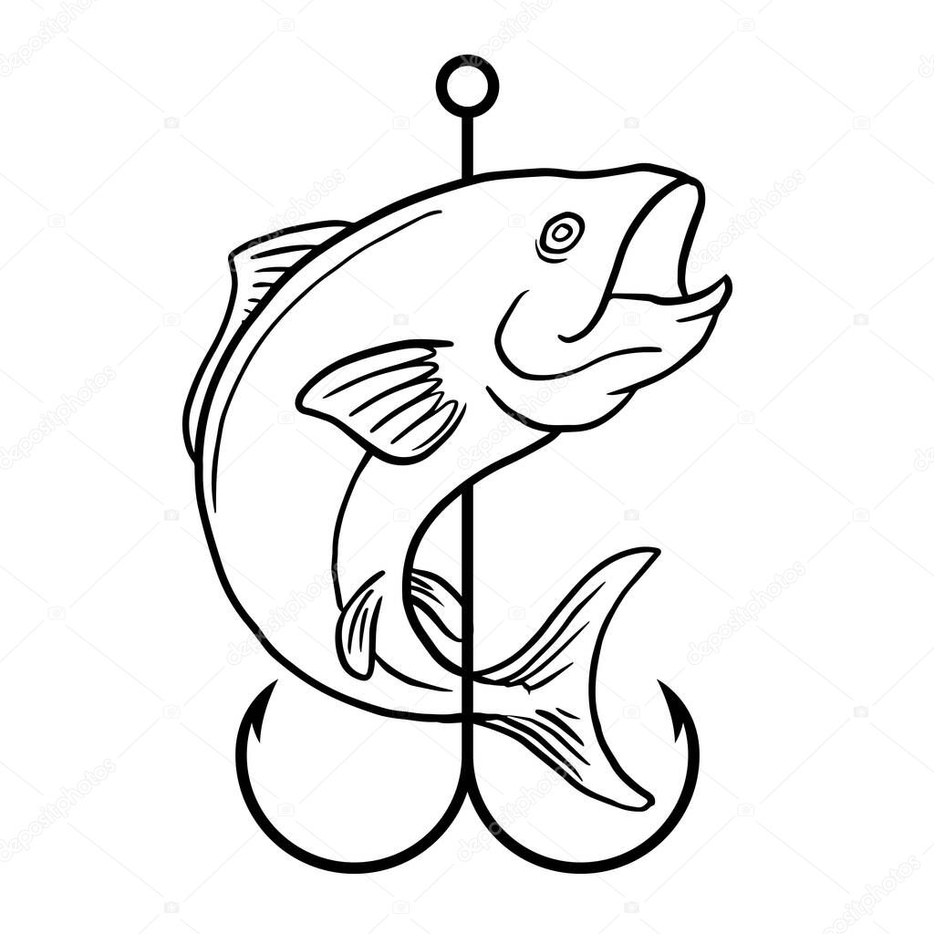 Fish with hook line art vector illustration for fly fishing shop and fisherman activity club badge logo design