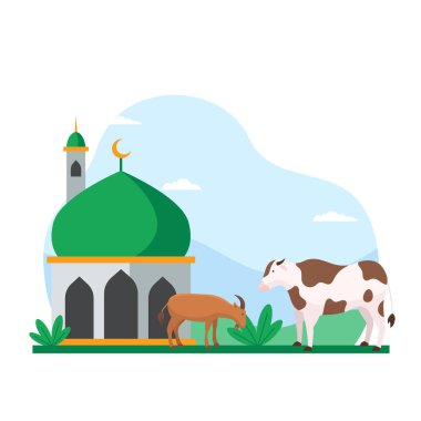 Kurban bayramı, İslami bayramı hayvan posteri tasarımının kurban edilmesi. Qurban vektör illüstrasyonu için cami avlusunda inek ve keçi.