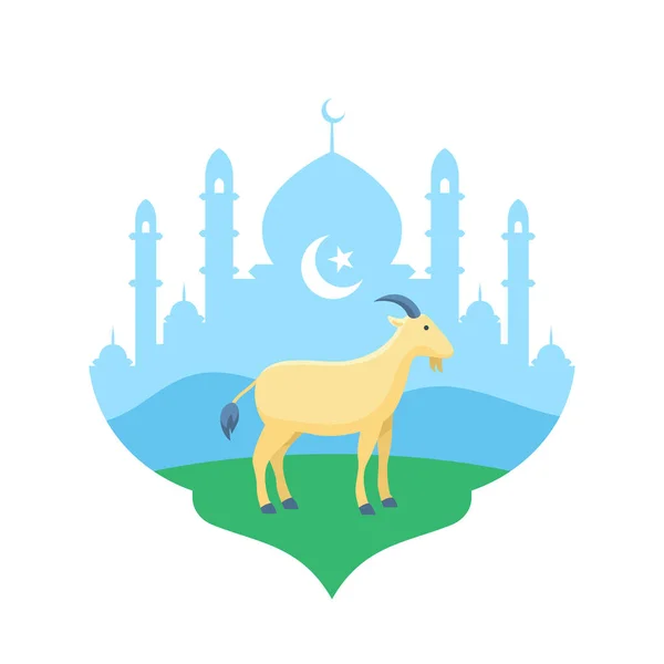 ヤギモスク中庭ベクトルフラットイラストのためにEid Adha犠牲の家畜イスラム教徒休日ポスター背景デザイン — ストックベクタ