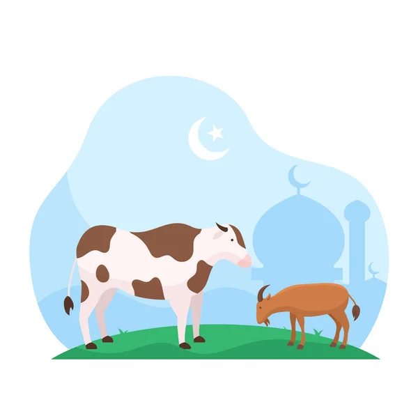 Eid Adha Islamic Holiday Sacrifice Livestock Animal Poster Background Design — Stock Vector