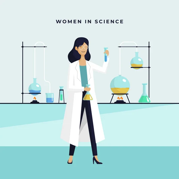 Female Scientist Lab Checking Chemical Reaction Beaker Vector Illustration International — Stock Vector
