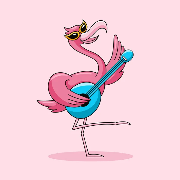 Boldog Flamingó Madár Tánc Játék Kis Gitár Nyári Vibrátor Vektor — Stock Vector