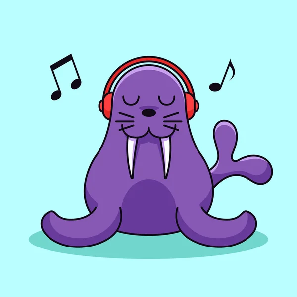 Walrusはヘッドフォンを着用し 音楽を聞くシンプルなベクトルイラストを楽しむ アザラシ犬アシカキャラクターマスコットデザイン — ストックベクタ