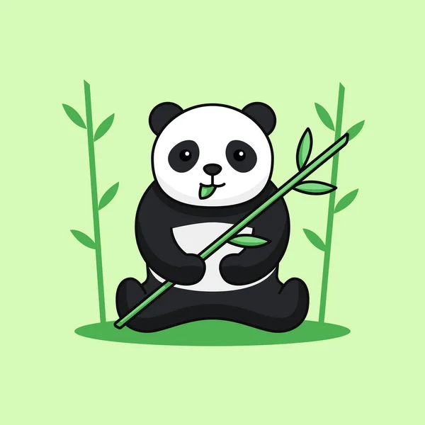 Cute Panda Sit Comer Folha Segurando Haste Bambu Fundo Floresta — Vetor de Stock