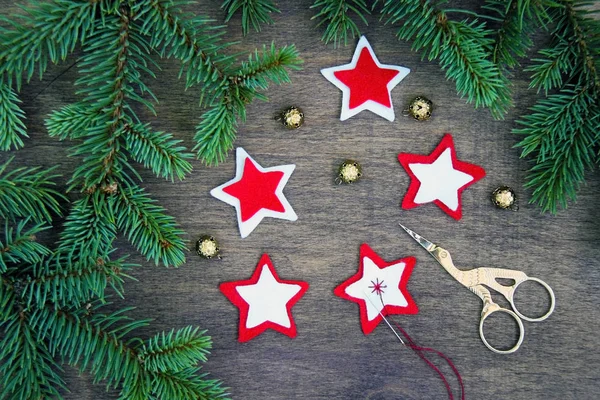 Christmas Party Preparation Background Sewing Star Figures Red Anf White — Stock Photo, Image