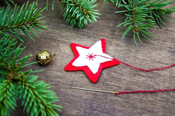 Christmas Party Preparation Background Sewing Star Figure Red Anf White — Stock Photo, Image