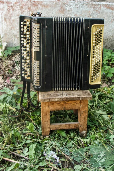 Gamla vintage klassiska musikinstrument dragspel på en sluskig trä pall på gården i ett hus mot en vit vägg och gräs — Stockfoto