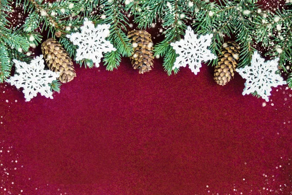 Christmas Decoration Background Wight Crochet Snowflakes Fir Cones Fresh Natural — Stock Photo, Image