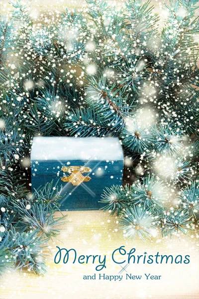 Natürlichen Stil Der Weihnachtsdekoration Hintergrund Mit Holztruhe Schneeflocken Und Der — Stockfoto