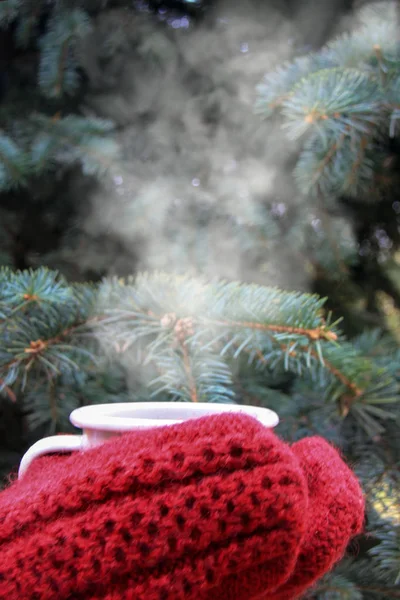 Frauenhände Roten Strickhandschuhen Mit Dampfend Heißem Kaffee Oder Tee Der — Stockfoto