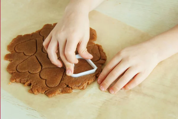 Young Child Hands Preparing Dough Bake Cookies Dessert Biscuit Gingerbread — Stock Photo, Image