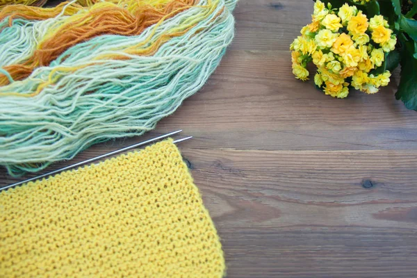 Knitting Yellow Blue Brown Wool Needles Flowering Kalanchoe Wooden Rustic — Stock Photo, Image