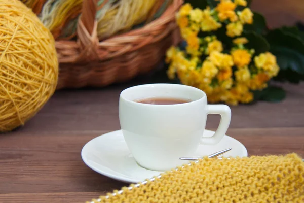 Knitting Yellow Wool Needles White Espresso Coffee Cup Saucer Basket — Stock Photo, Image