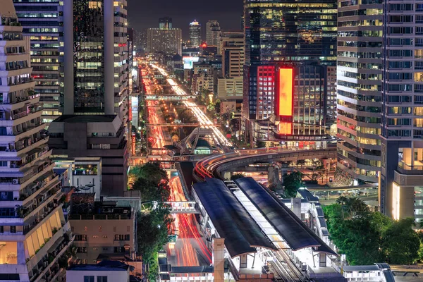 Bangkok Erhvervskvarter Bybillede Med Skyskraber Natten Thailand - Stock-foto