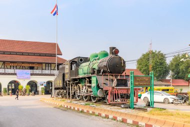 Lampang, Tayland - 18 Şubat 2018: Tren Garı önünde görüntülenen tarihi Buhar locumotive.