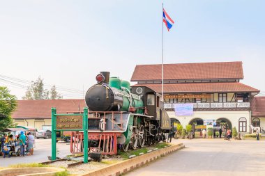 Lampang, Tayland - 18 Şubat 2018: Tren Garı önünde görüntülenen tarihi Buhar locumotive.