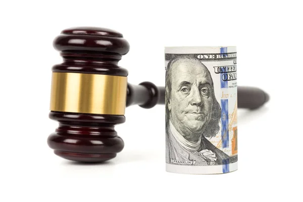 Wooden Judge Gavel Dollar Money Banknote White Background — Stock Photo, Image
