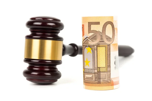 Wooden Judge Gavel Euro Money Banknote White Background — Stock Photo, Image