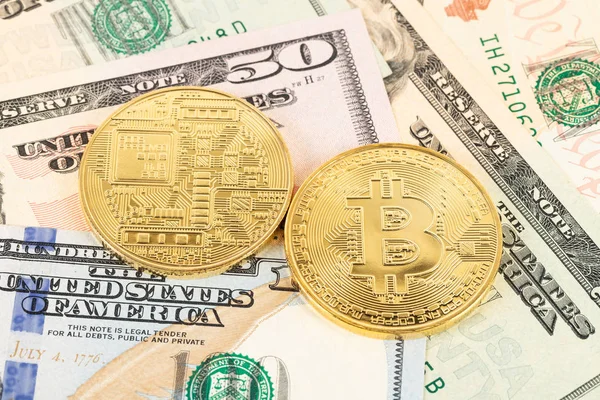 Bitcoin Token Pieniądze Banknot Dolar — Zdjęcie stockowe