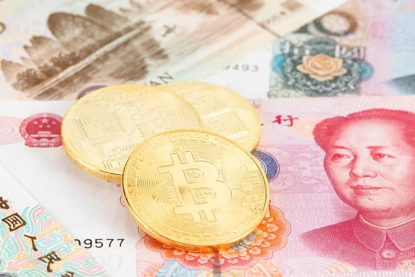 Bitcoin Token Chinese Yuan Banknote Money — Stock Photo, Image
