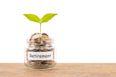 Para sikke kavanoz kavramı kaydetmek beyaz arka plan emeklilik Tarih