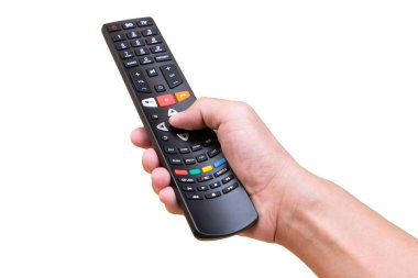 Televizyon uzaktan kumanda el ve beyaz zemin üzerine basın