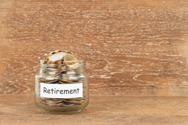 Money Coin Jar Wooden Background Retirement Saving Concept — Stock Photo, Image