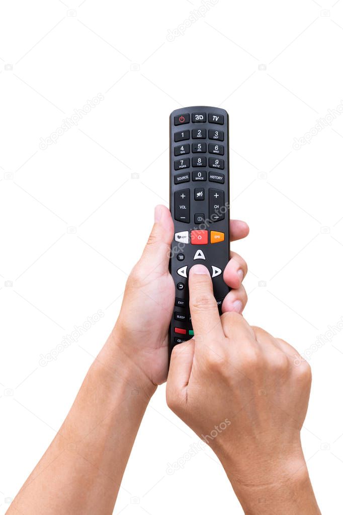 Television remote control in hand and press on white background