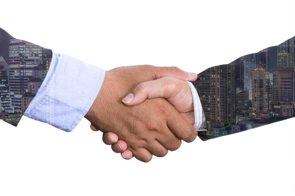 Double Exposure Business People Shake Hand Meeting City Night Background — Stock Photo, Image