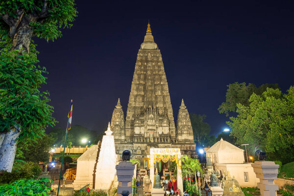 Mahabodhi temple at night, bodh gaya, India. The site where Gautam Buddha attained enlightenment.