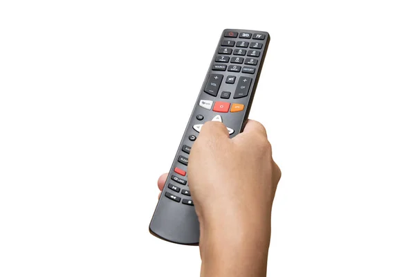 Televisão Controle Remoto Mão Pressione Sobre Fundo Branco — Fotografia de Stock