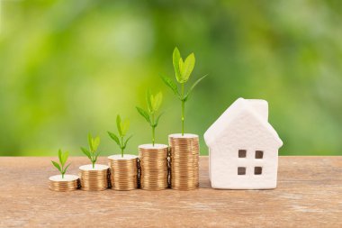 Model ev ve bozuk para yığını bulanık yeşil arka planda ağaç.