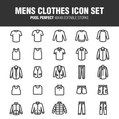 It's a set of icons about men's fashion. Editable stroke. 48 x 48 Pixel Perfect. clipart